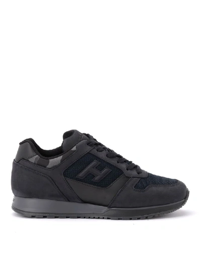 Hogan H321 Sneaker In Nubuck And Blue And Gray Technical Fabric With Camouflage Details In Nero
