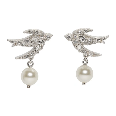 Miu Miu Crystal And Faux Pearl Embellished Swallow Earrings In Silver