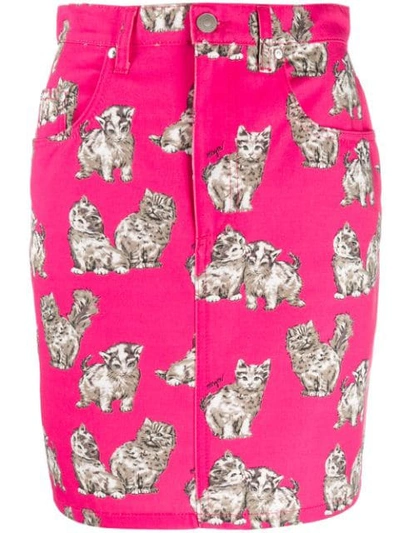 Msgm Cat Print Denim Skirt In Pink