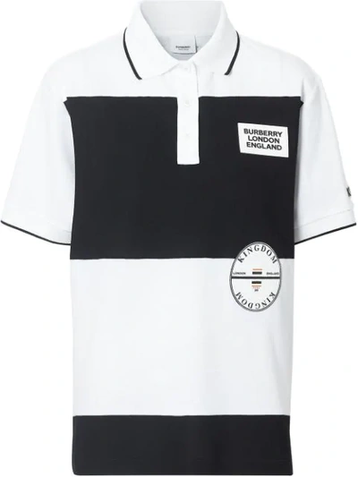 Burberry Logo Applique Striped Cotton Oversized Polo Shirt In White