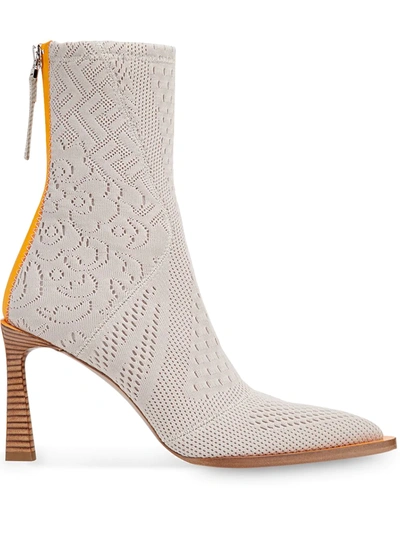 Fendi Fframe Jacquard Pointed-toe Ankle Boots In Beige