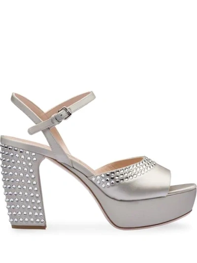 Miu Miu Crystal Embellished Platform Sandals In Grey