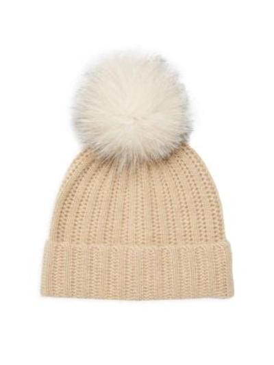 Amicale Fox Fur Pom-pom Cashmere Beanie In Taupe