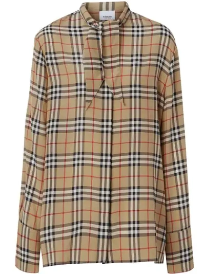 Burberry Vintage Check Silk Tie-neck Shirt In Neutrals