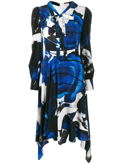 Alexander Mcqueen Rose Print Crepe De Chine Wrapped Dress In Blue