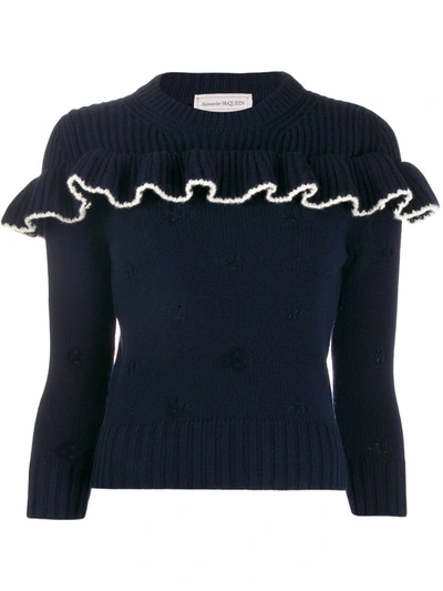 Alexander Mcqueen Cashmere Ruffled Crew Neck Jumper In Blue