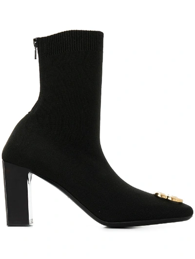 Balenciaga 'double Square' Logo Plaque Knit Ankle Boots In Black