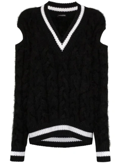 Balmain Cutout Cable-knit Wool-blend Sweater In Black