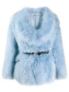 Prada Belted Goat Fur Jacket In Blue