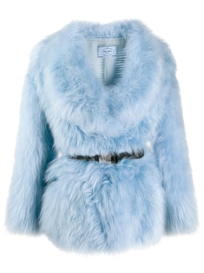 Prada Belted Goat Fur Jacket In Blue