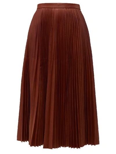 Prada Pleated Leather Midi Skirt In Brown