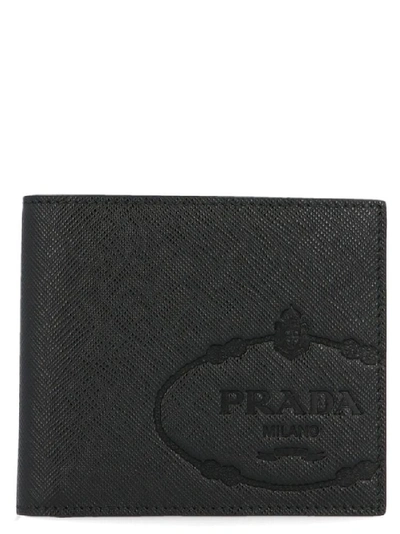 Prada Saffiano Logo Embossed Bifold Wallet In Black