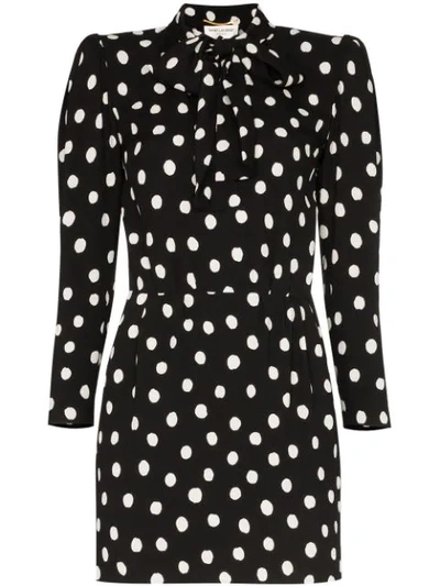 Saint Laurent Pussy-bow Printed Crepe Mini Dress In Black