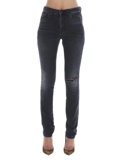Saint Laurent Ripped Skinny Jeans In Black