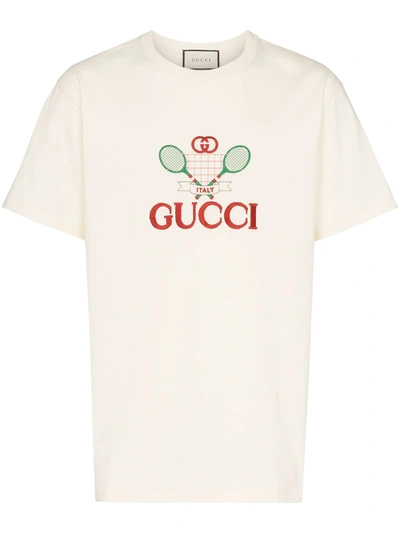 Gucci Embroidered Tennis Logo Cotton-jersey T-shirt In Neutrals