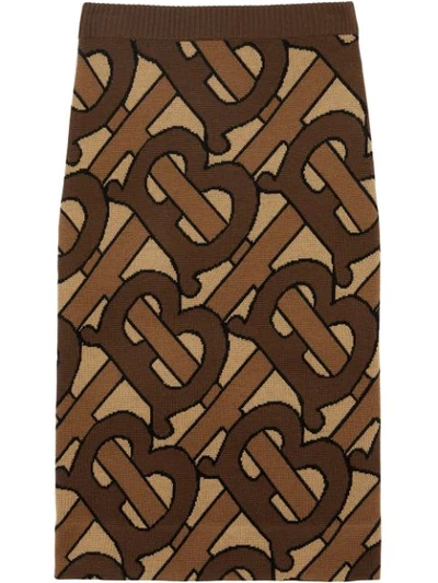 Burberry Monogram Intarsia Wool Pencil Skirt In Brown
