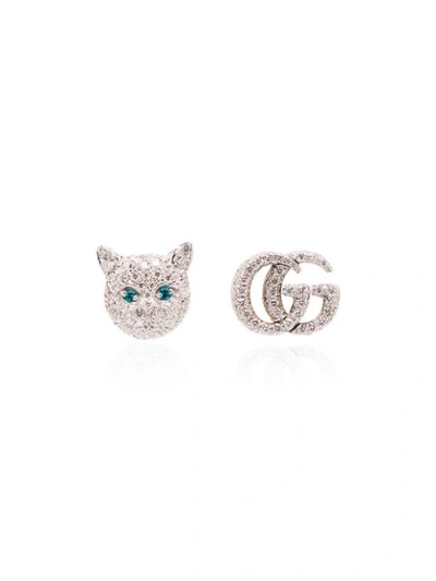 Gucci 18k White Gold Cat Head Gg Diamond Earrings