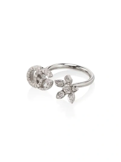 Gucci 18k White Gold G Flower Open Diamond Ring In Metallic