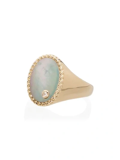 Yvonne Léon 9k Yellow Gold Pearl Diamond Signet Ring In Metallic