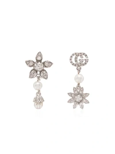 Gucci 18k White Gold Mismatched Diamond Earrings In Metallic