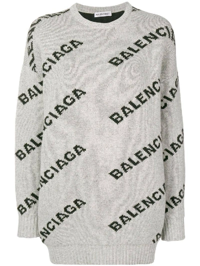 Balenciaga Grey Women's Grey Jacquard Logo Crew Neck Sweater |