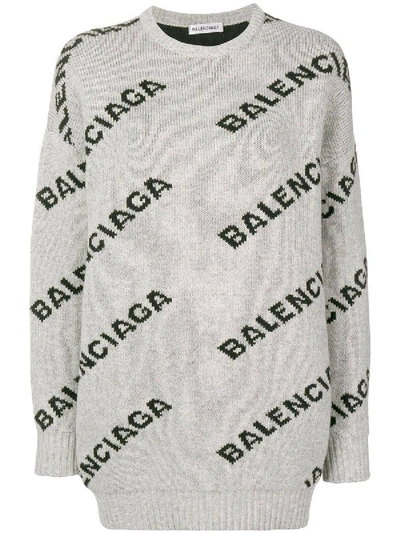 Balenciaga Grey Women's Grey Jacquard Logo Crew Neck Sweater
