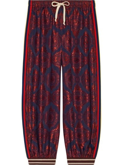 Gucci Silk Twill & Jacquard Joupe Track Trousers In Spice Blue/ Flare Print