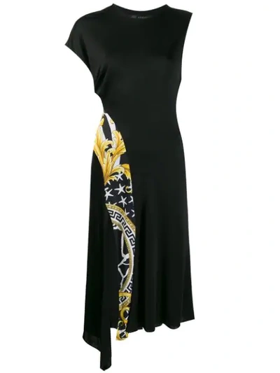 Versace Asymmetric Baroque Print Cap Sleeve Dress In Black