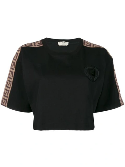 Fendi Black Women's Logo Embossed Cropped T-shirt