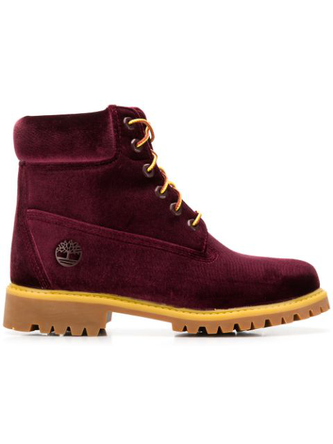 red and white timberland boots