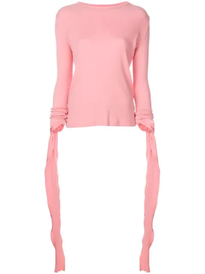 Jw Anderson Ribbed Cotton Jersey Top W/ Tie Cuffs In Pink