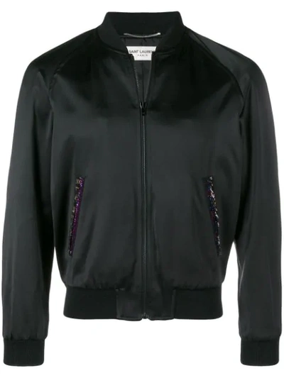 Saint Laurent Bead-embellished Satin Bomber Jacket In Black