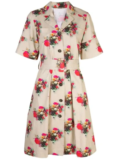 Adam Lippes Multicolor Women's Floral Short Sleeve Belted Dress In Brown