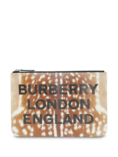 Burberry Brown Men's Deer Print Leather Zip Pouch In Multicolour