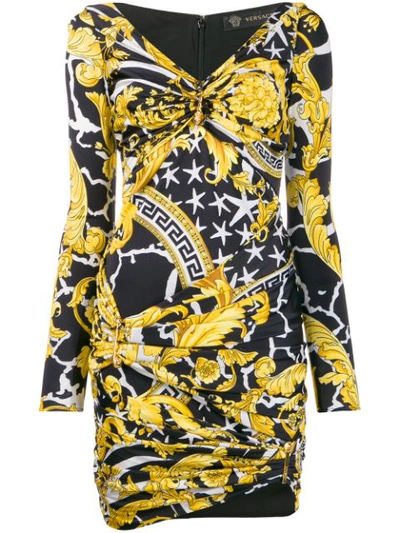 Versace Embellished Ruched Printed Satin-jersey Mini Dress In Black