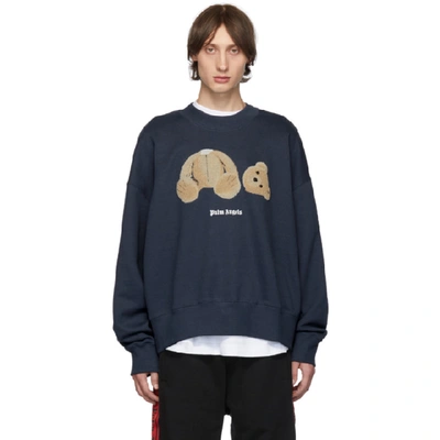Palm Angels Blue Men's Kill The Bear Crewneck Cropped Sweater In 3088 Blumul