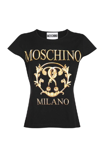 Moschino Women's T-shirt Short Sleeve Crew Neck Round Roman Double Question Mark In Black