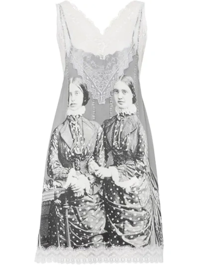 Burberry Lace Detail Victorian Portrait Print Silk Slip Dress In Grey