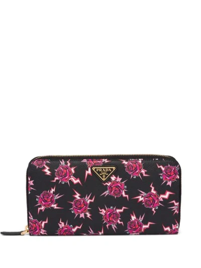 Prada Roses Print Detailed Saffiano Leather Wallet In Black