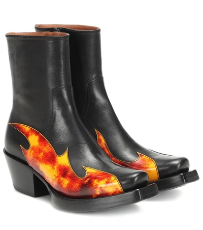 Vetements Black Leather Flame Ankle Boots