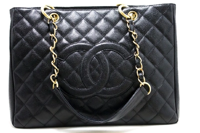 Pre-owned Chanel Caviar Gst 13" Grand Shopping Tote Chain Shoulder Bag Gold In Black