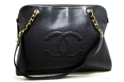 Pre-owned Chanel Caviar Jumbo Large Chain Shoulder Bag Black Gold Zipper