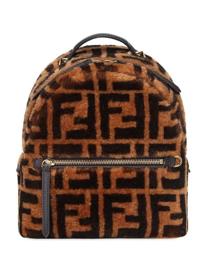 Fendi Brown Women's Shearling Ff Mini Backpack In Black