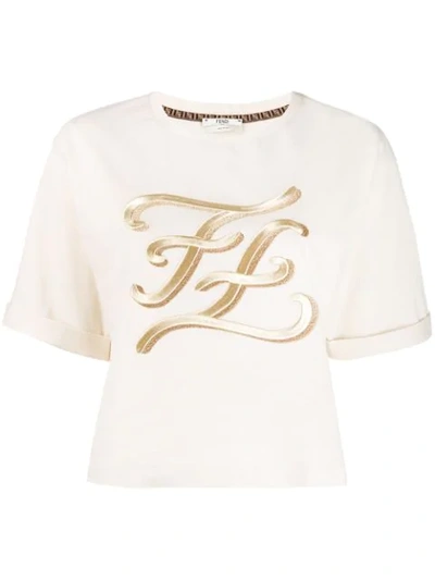 Fendi Karligraphy Motif Embroidered T-shirt In Neutrals