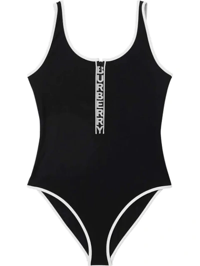 Burberry Vertical Logo One-piece Swimsuit In Black