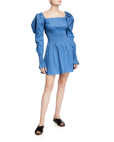 Anna Quan Everly Mutton-sleeve Short Dress In Blue Pattern
