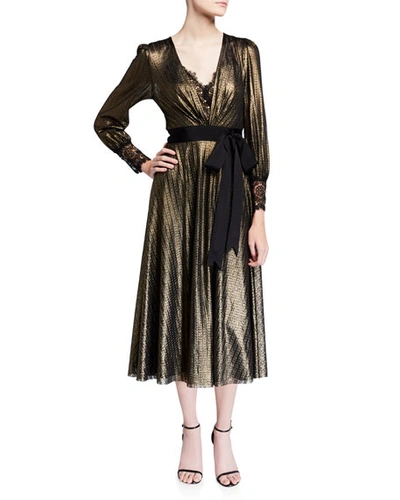 Catherine Deane Metallic Knitted V-neck Long-sleeve Midi Dress W/ Lace Inset In Gold