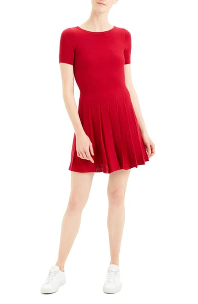 Theory Short-sleeve Peated Tee Dress In Dark Crimson