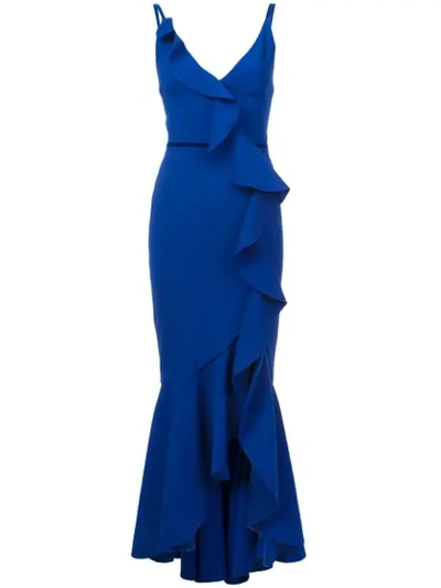 Marchesa Notte Velvet-trimmed Ruffled Cady Gown In Royal Blue