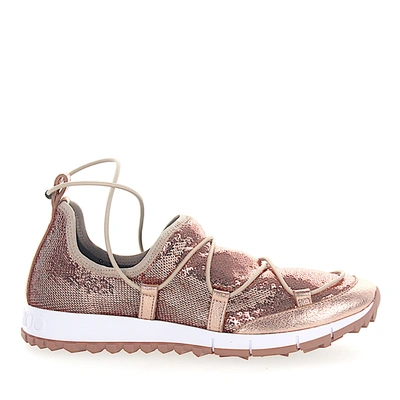 Jimmy Choo Andrea Metallic Leather-trimmed Stretch-mesh Sneakers In Pink